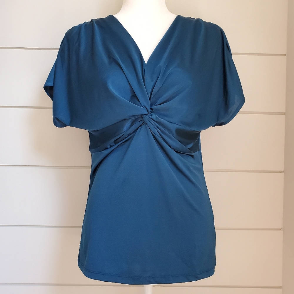 NY&Co Blue Satiny Twisted Knotted Blouse